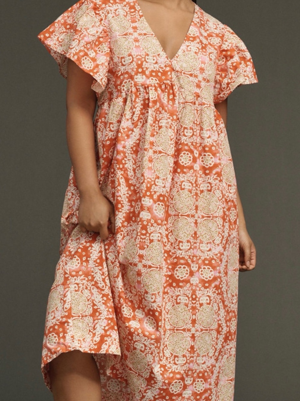 Coral & Cream Floral V-Neck Flutter Sleeve Midi Dress by Anthropologie 2X